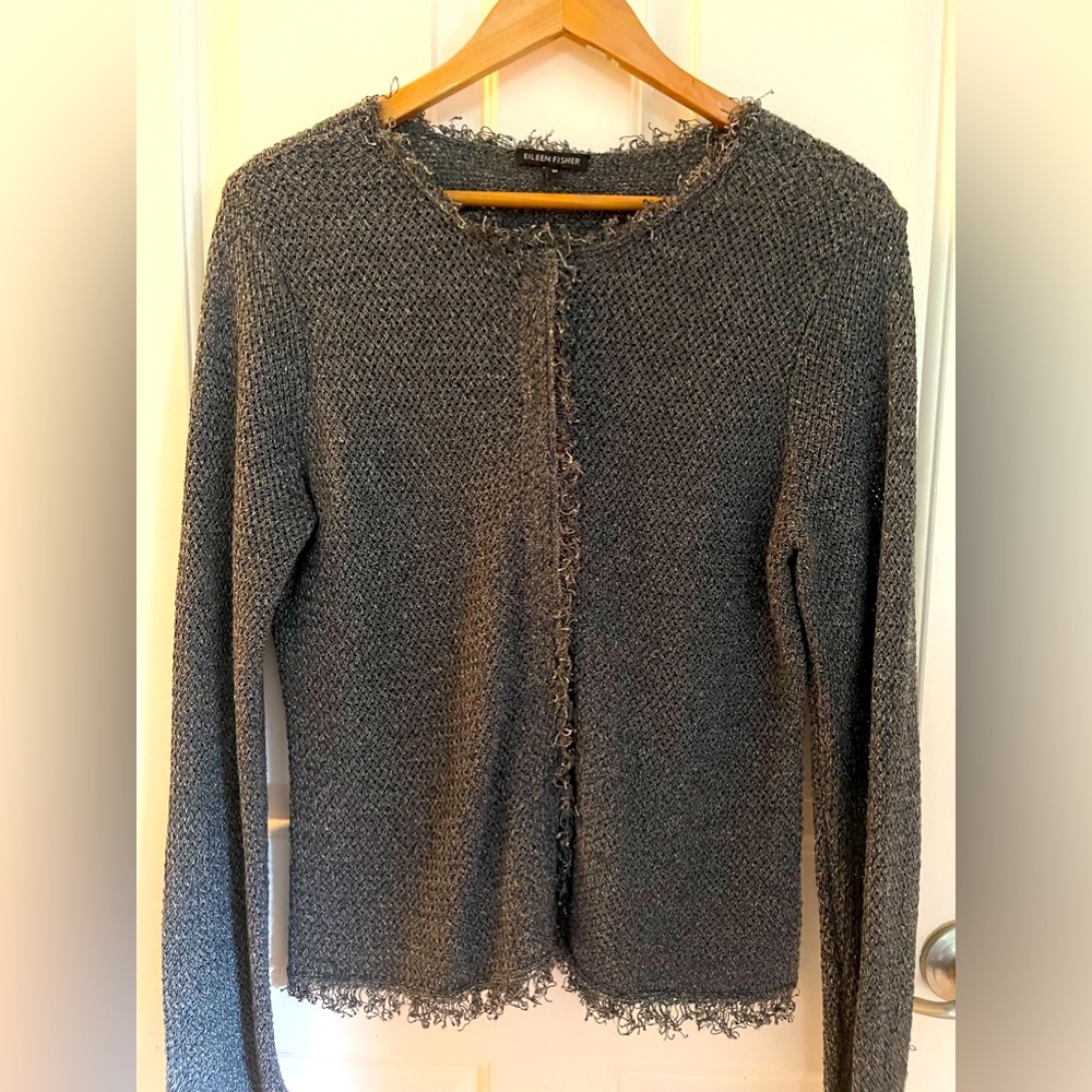 Eileen Fisher snap jacket with fringe, grey. Medium